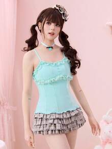 ROMWE Kawaii Mint Girl Lace Patchwork Fitted Casual Versatile Camisole - Mint Green - View 6
