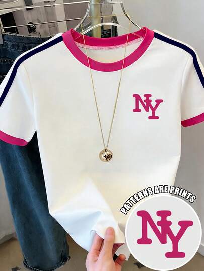 Resyla Women's Casual T-Shirt - Pink Color Block T-Shirt With New York Print, Lightweight Summer Top For Daily Wear