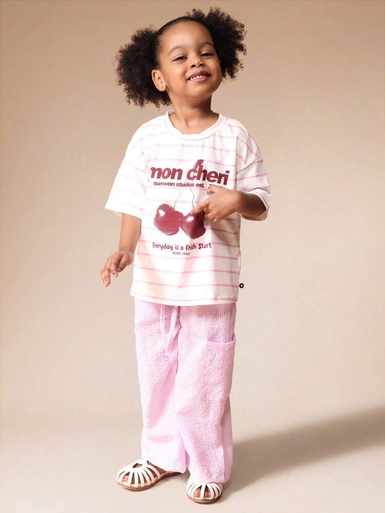 Striped Cherry Print Tee And Pants Set