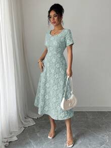 Elenzga 蓝色3D立体压纹面料方领短袖A字连衣裙 - 薄荷綠 - 查看 3
