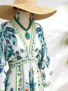 SHEIN TRVLCHIC 女士梭织印花V领七分袖连衣裙 - 綠色 - 查看 2