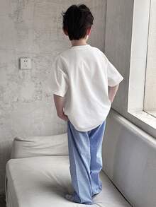 Dazy Kids Tween Boy Solid Color Short Sleeve Top And Striped Pants Pajama Set - White - View 6