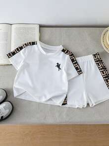 SHEIN 2pcs/Set Unisex Baby Boy/Girl Casual Colorblock Short Sleeve T-Shirt And Shorts Set, Spring/Summer Baby Clothes, Outfits, Streetwear - White - View 6