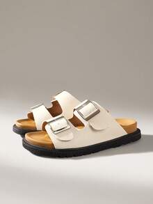 Solecia 女士时尚百搭搭扣设计厚底坡跟凉鞋，适合日常穿着 - 米色 - 查看 2