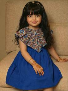 SHEIN Baby Girl Round Neck Geometric Print Shawl Collar Ruffle Elegant Party Dress - Multicolor - View 8