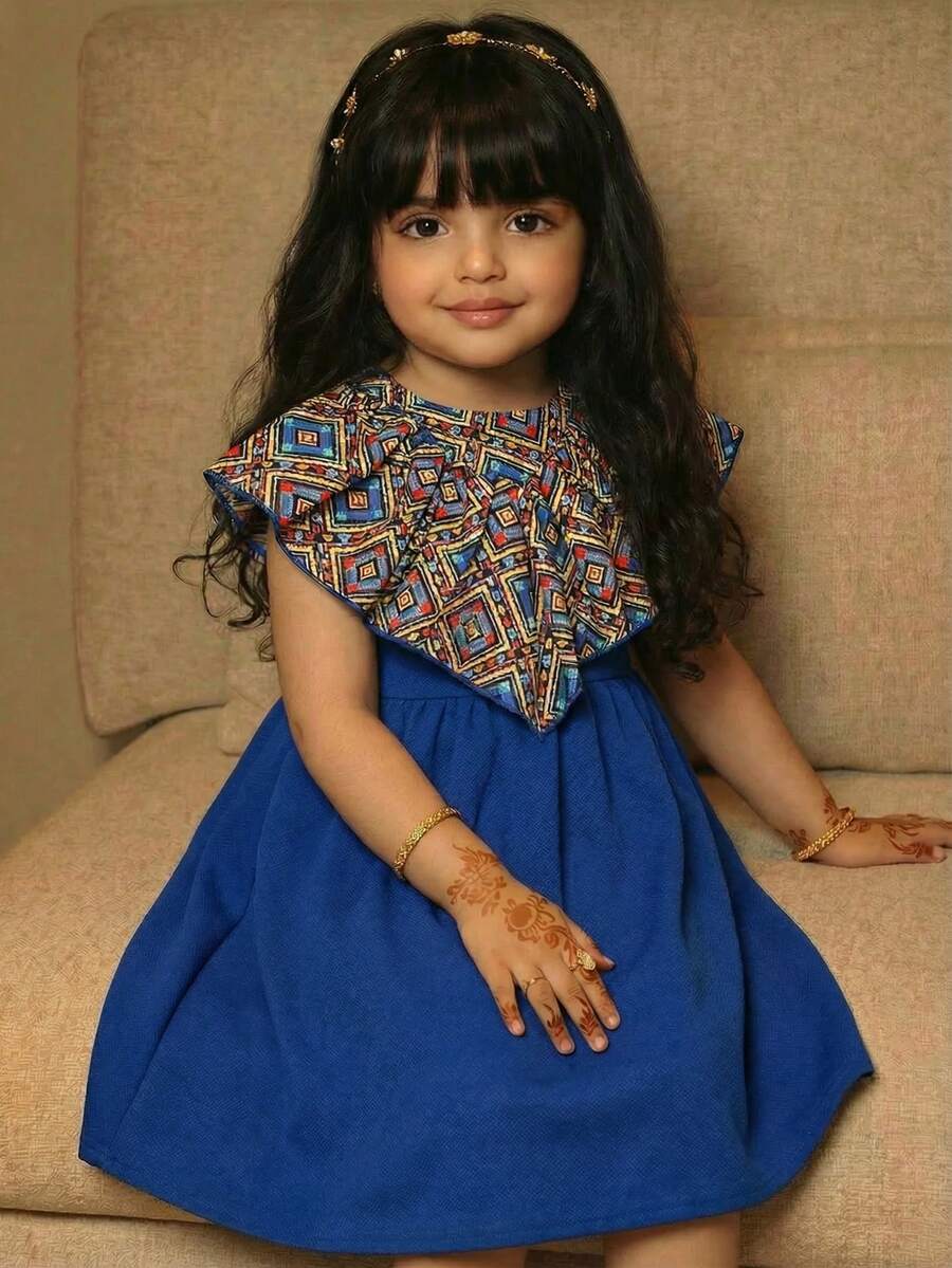 SHEIN Baby Girl Round Neck Geometric Print Shawl Collar Ruffle Elegant Party Dress - Multicolor - View 1