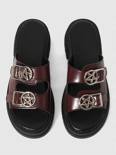 ROMWE Grunge Punk Women's European & American Punk Rock Style Strap Sandals With Metal Buckle, Open Toe Roman Beach Sandals, Gothic Platform Wedge Sandals For Summer Vacation, Halloween