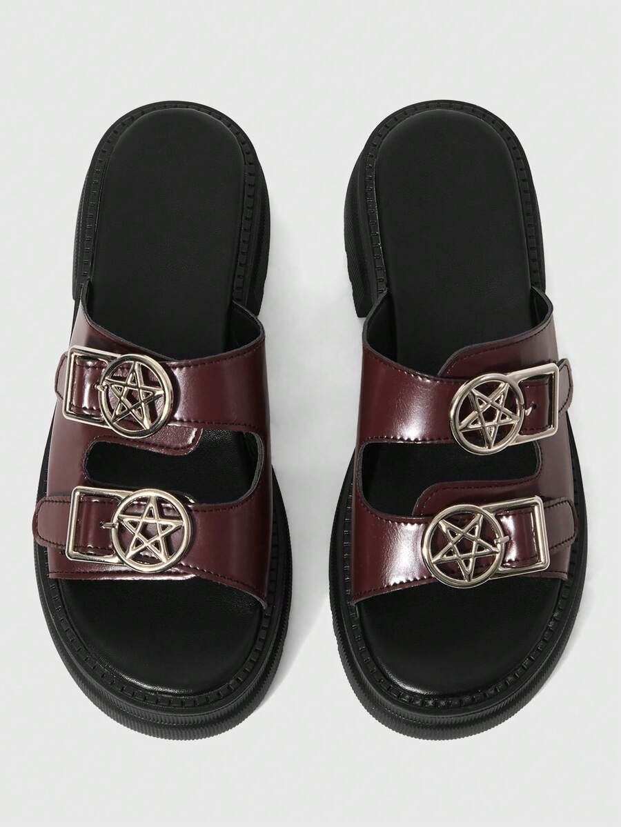 ROMWE Grunge Punk Sandales à brides de style punk rock européen et américain pour femmes avec boucle métallique, sandales romaines à bout ouvert pour la plage, sandales compensées gothiques pour les vacances d'été et Halloween - Marron mat - Voir 1