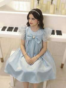 SHEIN Tween Girl Fashionable & Elegant Ruffle Sleeve Bow Deco Mesh Overlay Dress Dress For Summer Elegant Dress For Girls Tea Party Wear Girls Teen Girl Spring Dress Elegant Dress For Kids Tween Blue Dresses Bow Dress Girls Young Girl Elegant Bow Ruffle Strap Dress Light Blue Dress With Bow Light Blue Dress Teen Girl Blue Dress For Girls With Bows - Green - View 7