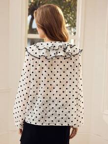 MOTF PREMIUM POLKA DOT PRINT RUFFLE TRIM TOP - Black and White - View 3