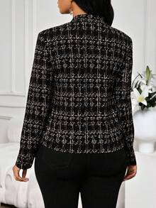 SHEIN Lady 女士优雅格纹印花开襟西装外套，秋冬款 - 黑色 - 查看 3