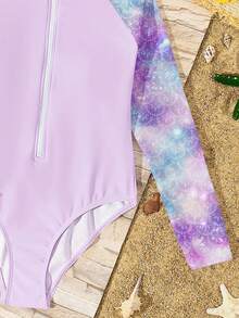 美人鱼印花亮片染色少女休闲简约圆领长袖连体泳衣，适合春夏穿着 - 彩色 - 查看 6