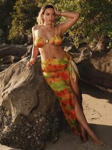 SHEIN BAE Bộ bikini hai mảnh gợi cảm kiểu tie-dye dành cho nữ cỡ lớn, kèm váy, thích hợp mặc đi biển mùa hè. - Nhiều màu - Xem 4