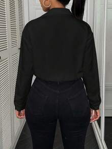 Airaco Casual Loose Open Front Printed Long Sleeve Shirt Bodysuit For Women - Black - View 2