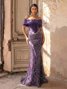 Glamrae Đầm dạ hội dạ hội sang trọng, thanh lịch màu tím đậm, chất liệu satin, thêu sequin, phối nhiều mảnh, cổ áo bất đối xứng, trễ vai, kiểu đuôi cá. - Màu tím - Xem 3