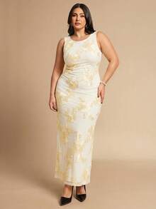 SHEIN BAE Plus Size Women's Elegant Embroidered Sleeveless Backless Dress, Summer - Apricot - View 3
