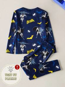 BATMAN X SHEIN 85th Young Boy Cartoon Full Print Knit Crew Neck Long Sleeve Top And Pants Snug Fit Pajama Set - Navy Blue - View 2