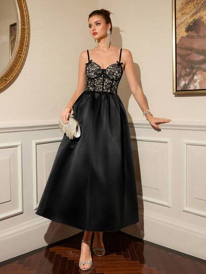 Poshira Women's Lace Patchwork Bow Decor Camisole Party Dress