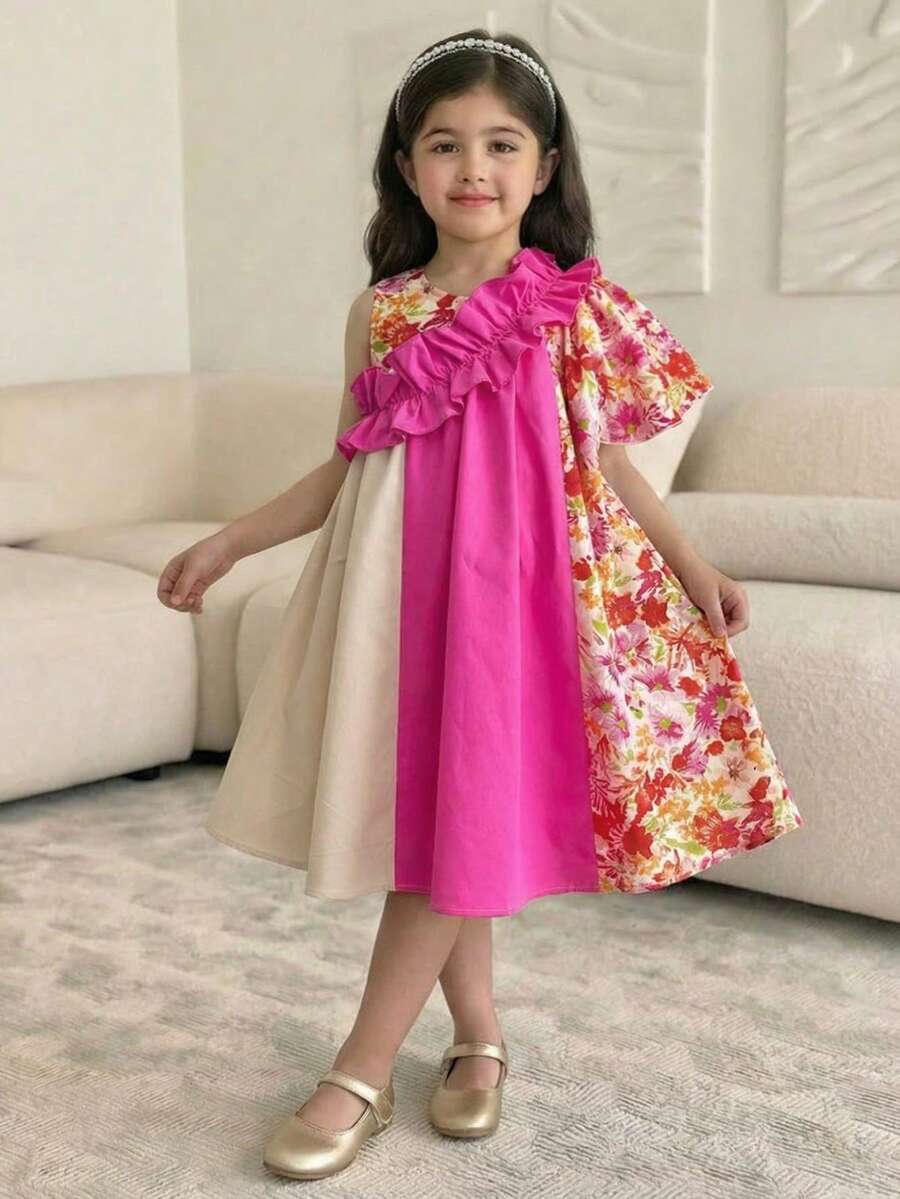 SHEIN 女童夏季休闲撞色印花荷叶边连衣裙 - 彩色 - 查看 1