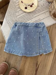 LMoss Kids Váy ngắn denim màu xanh dương đính ngọc trai giả màu trắng dành cho bé gái, thích hợp cho mùa hè, phong cách thường ngày và thời trang đi nghỉ mát, thời trang đường phố, phong cách những năm 2000, chất liệu denim mềm mại và thoải mái. - Rửa nhẹ - Xem 4