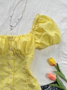 Flirla Women's Yellow Hollow Embroidered Square Collar Puff Sleeve Cinched Waist Button-Up Shirt,Sweet Boho Casual Summer Holiday Picnic Beach Short Top - Yellow - View 5