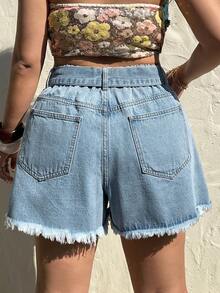 Sunnyshic Plus Size Women Distressed Denim Shorts, High Waist Casual Drawstring A-Line Jeans Shorts - Light Wash - View 2