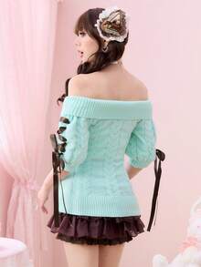 ROMWE Kawaii Cute One-Shoulder Bow Tie Fitted Women Sweater - Mint Blue - View 3