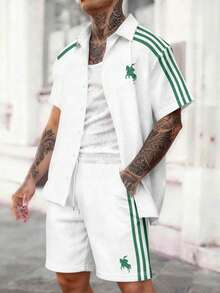 Manfinity Homme Bộ đồ nam mùa hè kiểu dáng thường ngày kẻ sọc phối màu, tay ngắn, cài cúc phía trước, gồm áo sơ mi và quần. - Nhiều màu - Xem 1