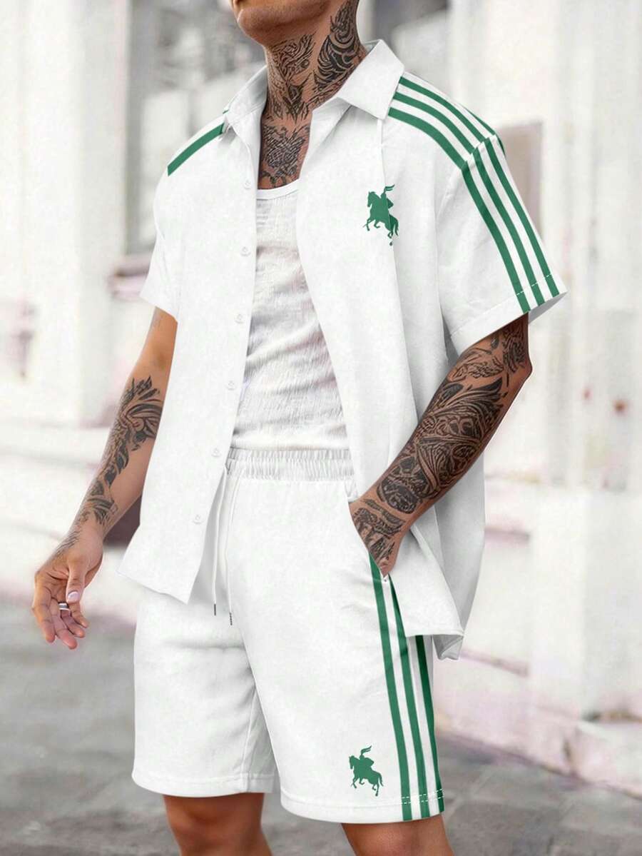 Manfinity Homme Bộ đồ nam mùa hè kiểu dáng thường ngày kẻ sọc phối màu, tay ngắn, cài cúc phía trước, gồm áo sơ mi và quần. - Nhiều màu - Xem 1