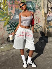 Muchica Women's Summer New Letter Print Low Waist Loose Bermuda Shorts - Grey - View 6