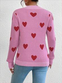 EMERY ROSE Heart Jacquard Crew Neck Casual Long Sleeve Women Sweater, Autumn/Winter - Pink - View 2
