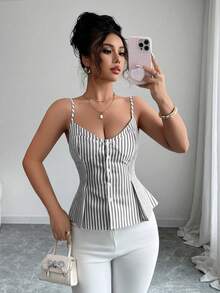 Elenzga Camiseta de algodón con rayas, botones y pliegues elásticos, estilo bohemio para vacaciones de primavera/verano - Negro - Ver 6