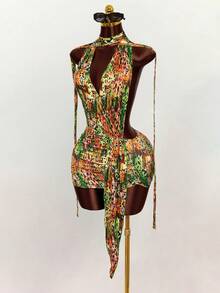 Mistrie Women's Fashionable Sexy All-Over Print Backless Halter Mini Dress, Summer - Multicolor - View 5