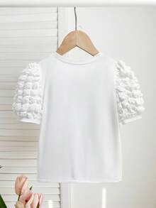 Young Girl Bow Print Round Neck Short Puff Sleeve Casual T-Shirt - White - View 2