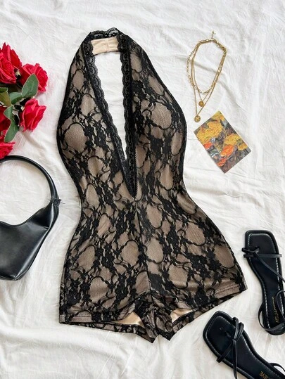 Soleia Women's Vacation White Knit Textured Wavy Pattern Deep V Neck Backless Sexy Bodysuit, Fashionable Fitted For Party, Date, Afternoon Tea, Boho Vacation, Beach, Summer Outfit