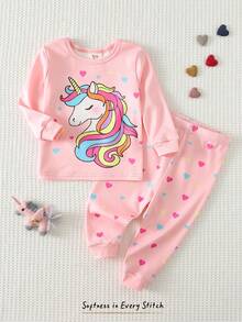 Cozy Pixies 女婴卡通动物印花针织柔软圆领短袖上衣和松紧腰打底裤两件套睡衣 - 淺粉色 - 查看 7