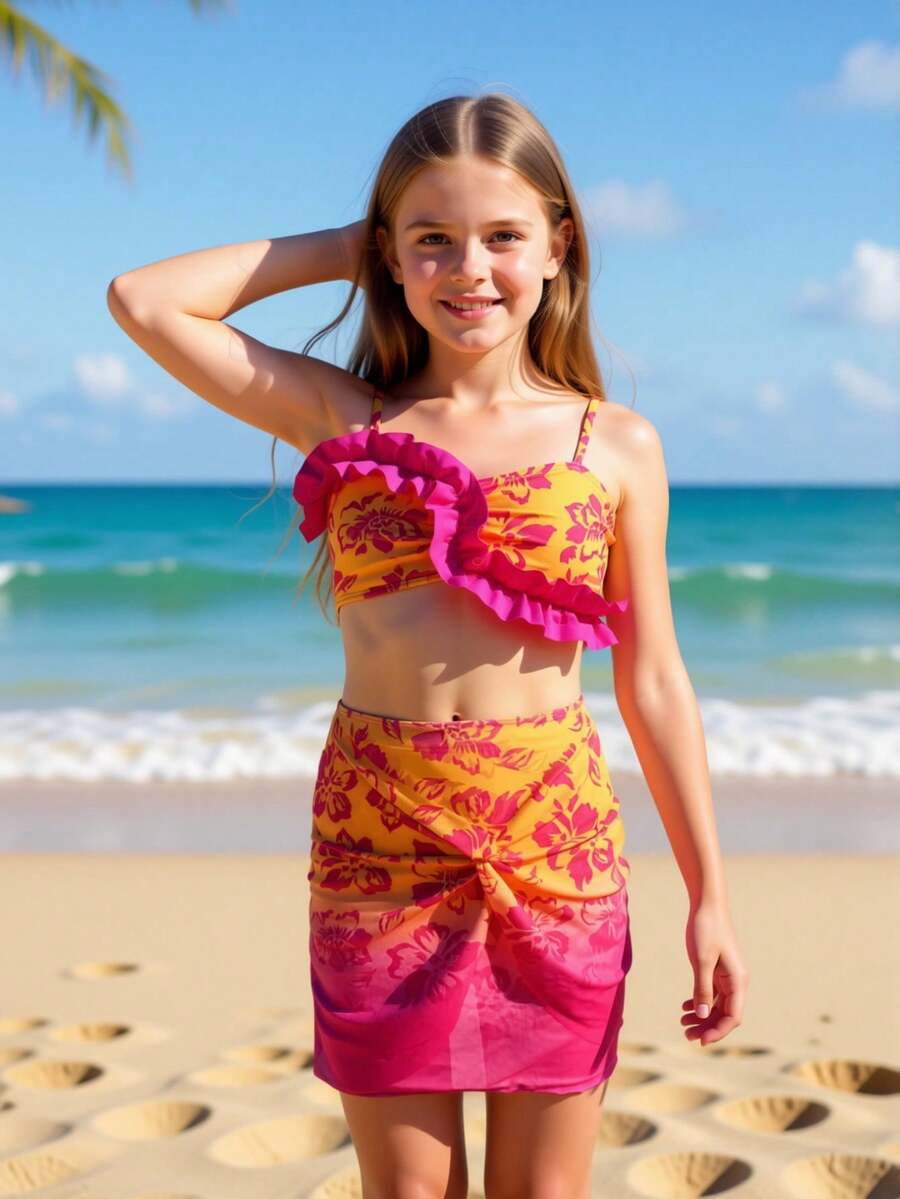 3件套热带印花荷叶边少女泳装套装 - 彩色 - 查看 1
