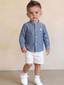 2 Pieces Babyboy Cute Summer Casual Versatile Simple Urban Long-Sleeve Stand Collar Shirt And Shorts Set Suitable For Birthday Parties, Galas, Performances, Weddings, Full Moon Celebrations, Baptisms, And First Birthday Celebrations/Baby Showers Baby Casual Sets Dusty Blue Outfit For Toddlers Boys Blue Vintage Baby Boy Outfit Toddler Boy Linen Set Baby Boy Button Down Shirt And Shorts - Blue - View 1