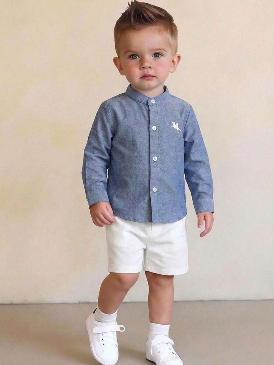 2 Pieces Babyboy Cute Summer Casual Versatile Simple Urban Long-Sleeve Stand Collar Shirt And Shorts Set Suitable For Birthday Parties, Galas, Performances, Weddings, Full Moon Celebrations, Baptisms, And First Birthday Celebrations/Baby Showers Baby Casual Sets Dusty Blue Outfit For Toddlers Boys Blue Vintage Baby Boy Outfit Toddler Boy Linen Set Baby Boy Button Down Shirt And Shorts - Blue - View 1