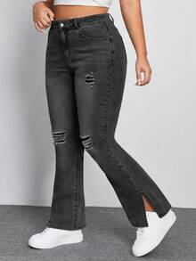 SHEIN ICON Pantalones acampanados de mezclilla negra elástica de talla grande con agujeros rotos y diseño de abertura - Gris Oscuro - Ver 6