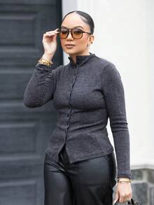 Melissa Matos 女式纯色前扣长袖衬衫，休闲日常穿着 - 黑色 - 查看 3