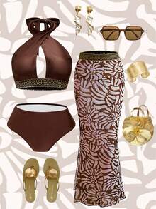 Swim Oasis Conjunto de 3 piezas de bikini y vestido de playa elegante de mujer con tela brillante marrón, tirantes cruzados y estampado jacquard, para vacaciones de verano - Marrón - Ver 1
