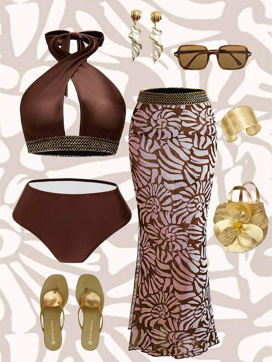 Swim Oasis Conjunto de 3 piezas de bikini y vestido de playa elegante de mujer con tela brillante marrón, tirantes cruzados y estampado jacquard, para vacaciones de verano - Marrón - Ver 1