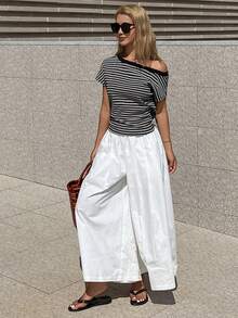 Livesso Women's Striped Asymmetric-Shoulder Short Sleeve Casual Versatile T-Shirt - Black and White - View 3