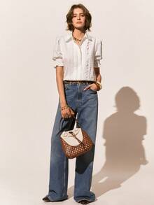 Poéselle 女士休闲白色蕾丝边棉质衬衫，可爱夏季上衣，外出上衣，优雅度假、海滩、夏季穿着，适合日常、办公和度假穿着，春夏棉质短袖衬衫 - 白色 - 查看 5