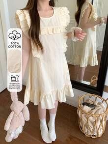 DAZY Women's Sweet Layered Ruffle Hem Polka Dot Fabric Short Nightgown, Summer - Apricot - View 5