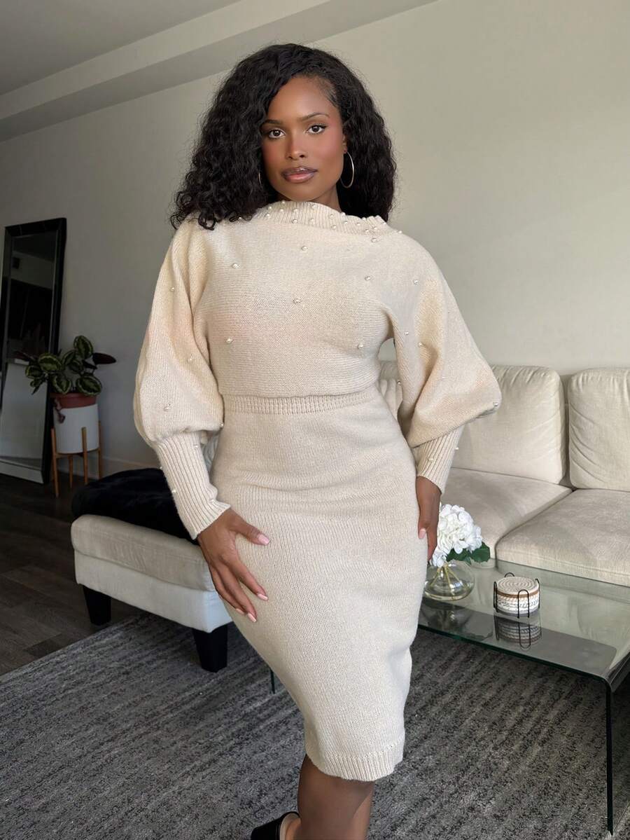 Tyla Gomez New Knitted Button Up Lantern Sleeve Sexy Fitted Casual Dress For Women - Apricot - View 1