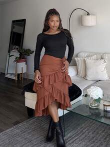 Tyla Gomez 女士棕色高低下摆裙子、抽绳荷叶边分层裙、派对裙、波西米亚风裙、午餐裙 - 鏽棕色 - 查看 1