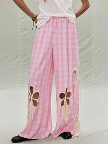 SoleilVie 低腰格子阔腿裤女装 – 新款花卉蝴蝶结装饰修身款 - 粉色 - 查看 6