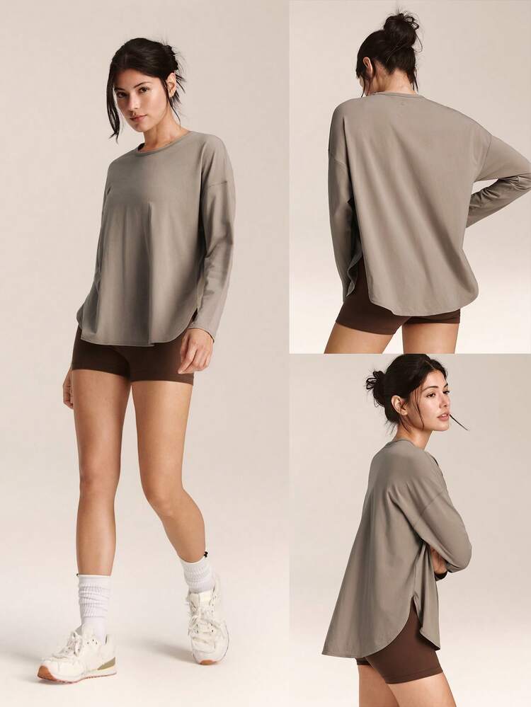 Pima Cotton Oversized Long Sleeve Curved Slit Hem Round Neck Tee Daily Casual